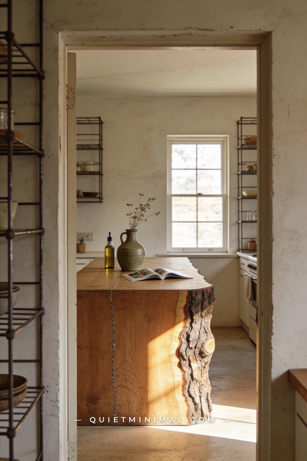 A doorway-view establishing shot of a wabi-sabi kitchen showing a full reclaimed wood island in the middle distance