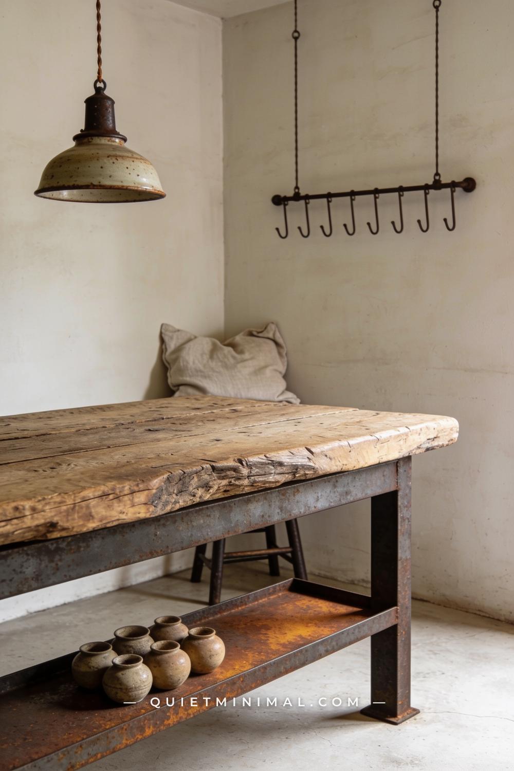 A corner-view establishing shot looking diagonally across a wabi-sabi kitchen island
