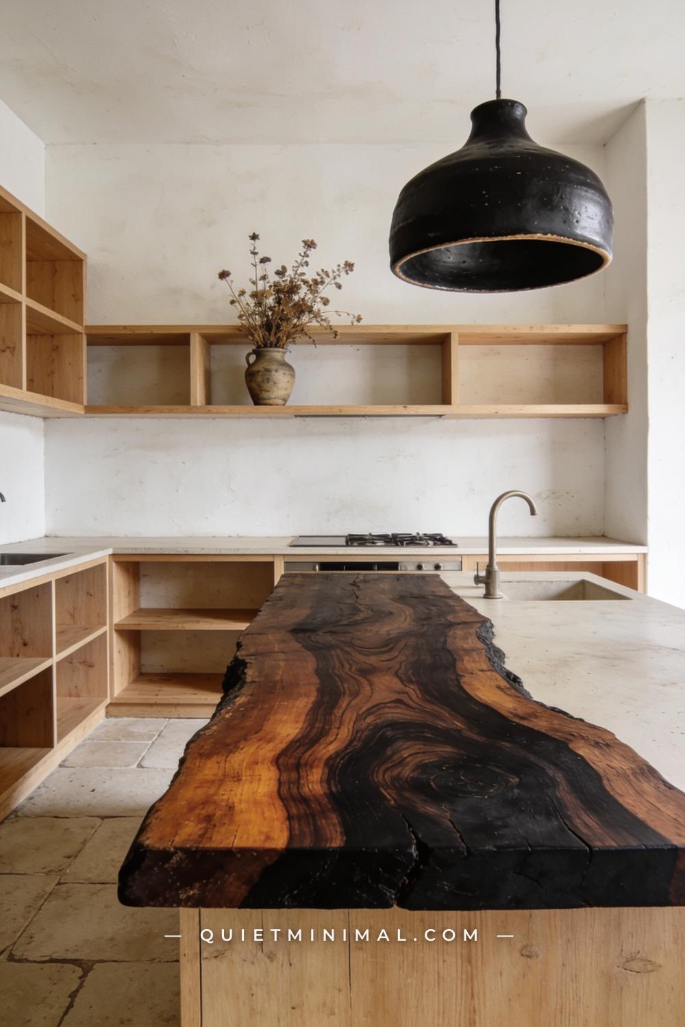A wide establishing shot of a full wabi-sabi kitchen with the island as the center of the composition