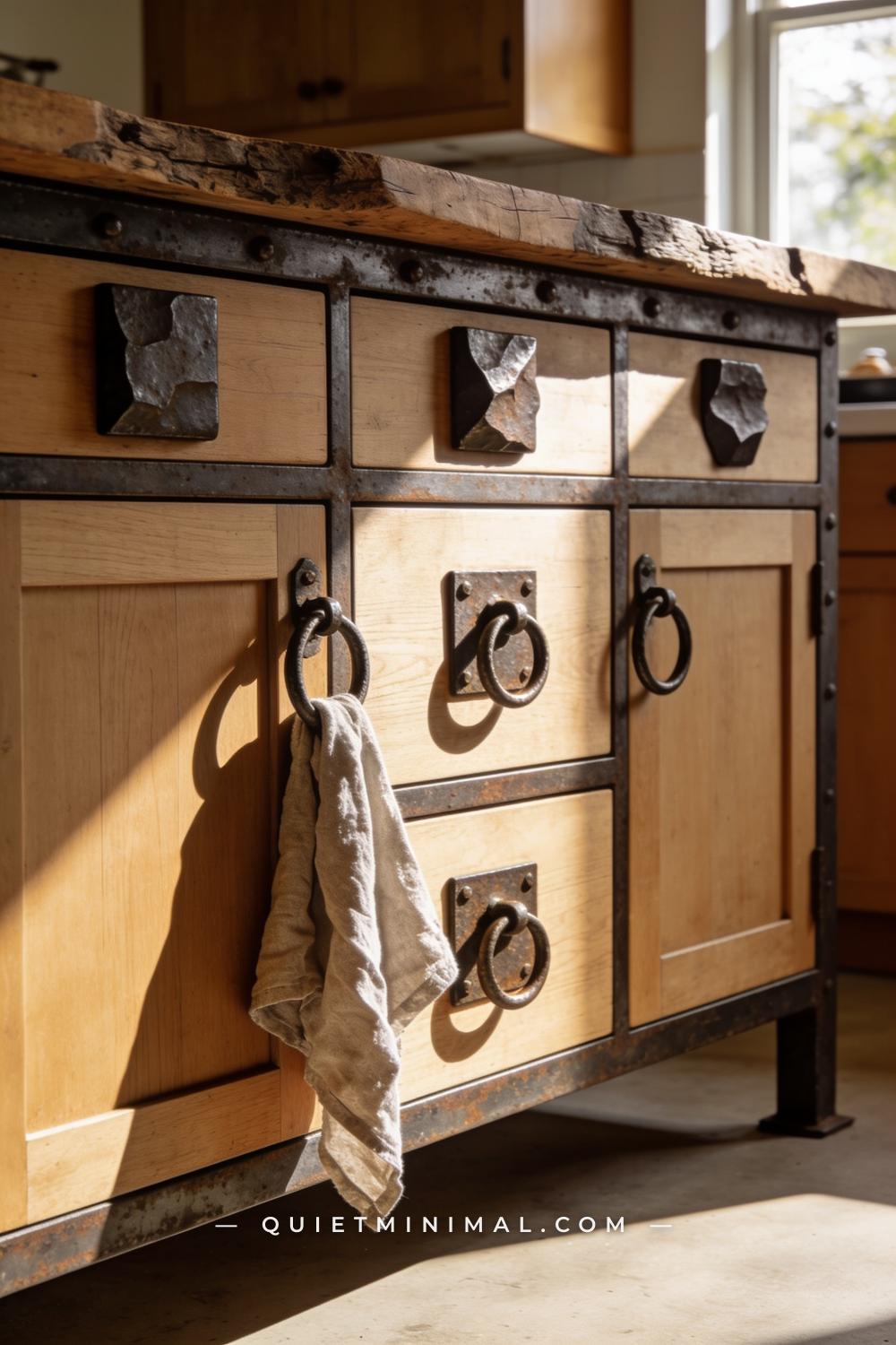 An establishing shot from a slight angle showing the lower cabinet doors and drawer fronts on a wabi-sabi kitchen island
