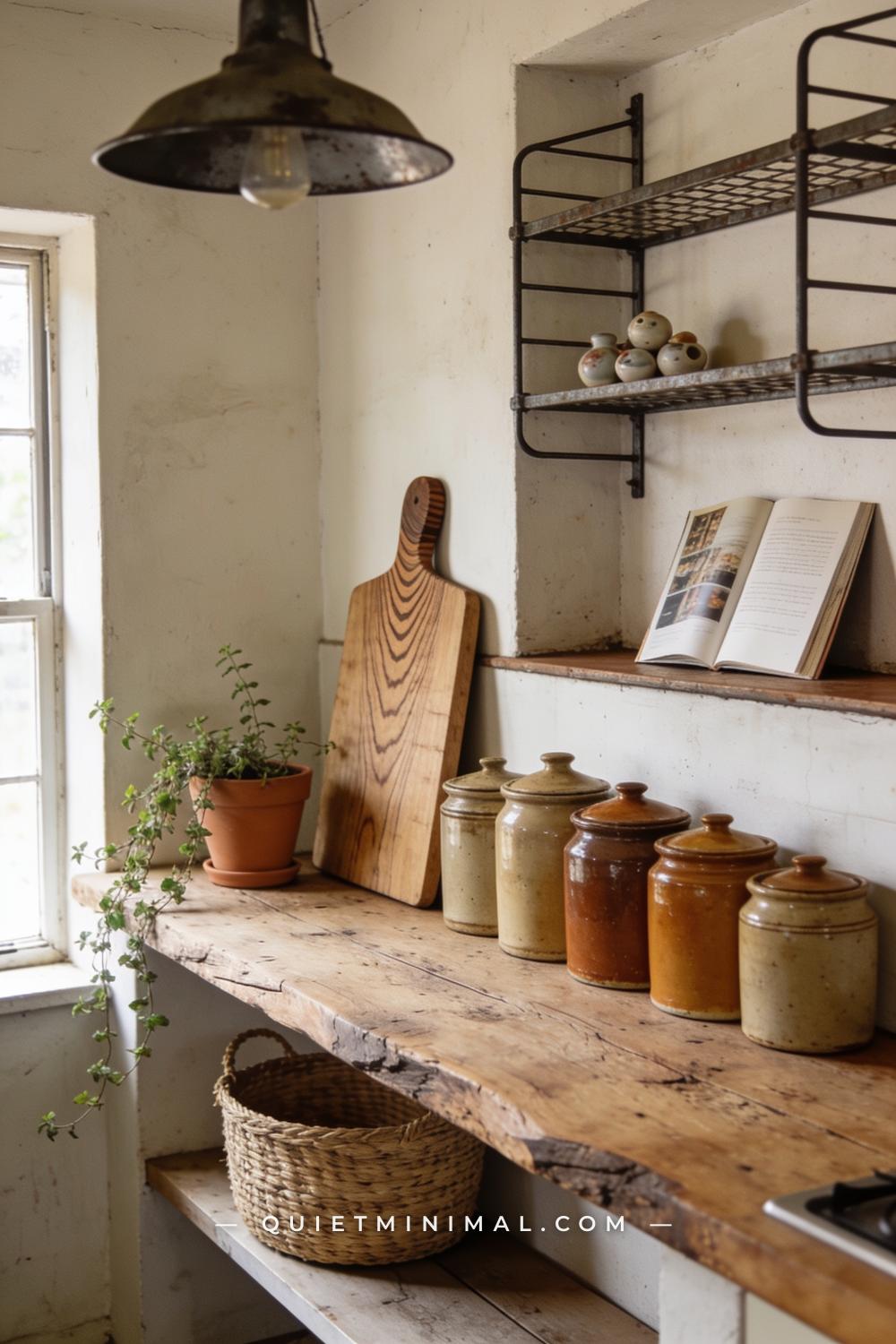 A wide establishing shot of the full top surface of a wabi-sabi kitchen island styled for everyday use